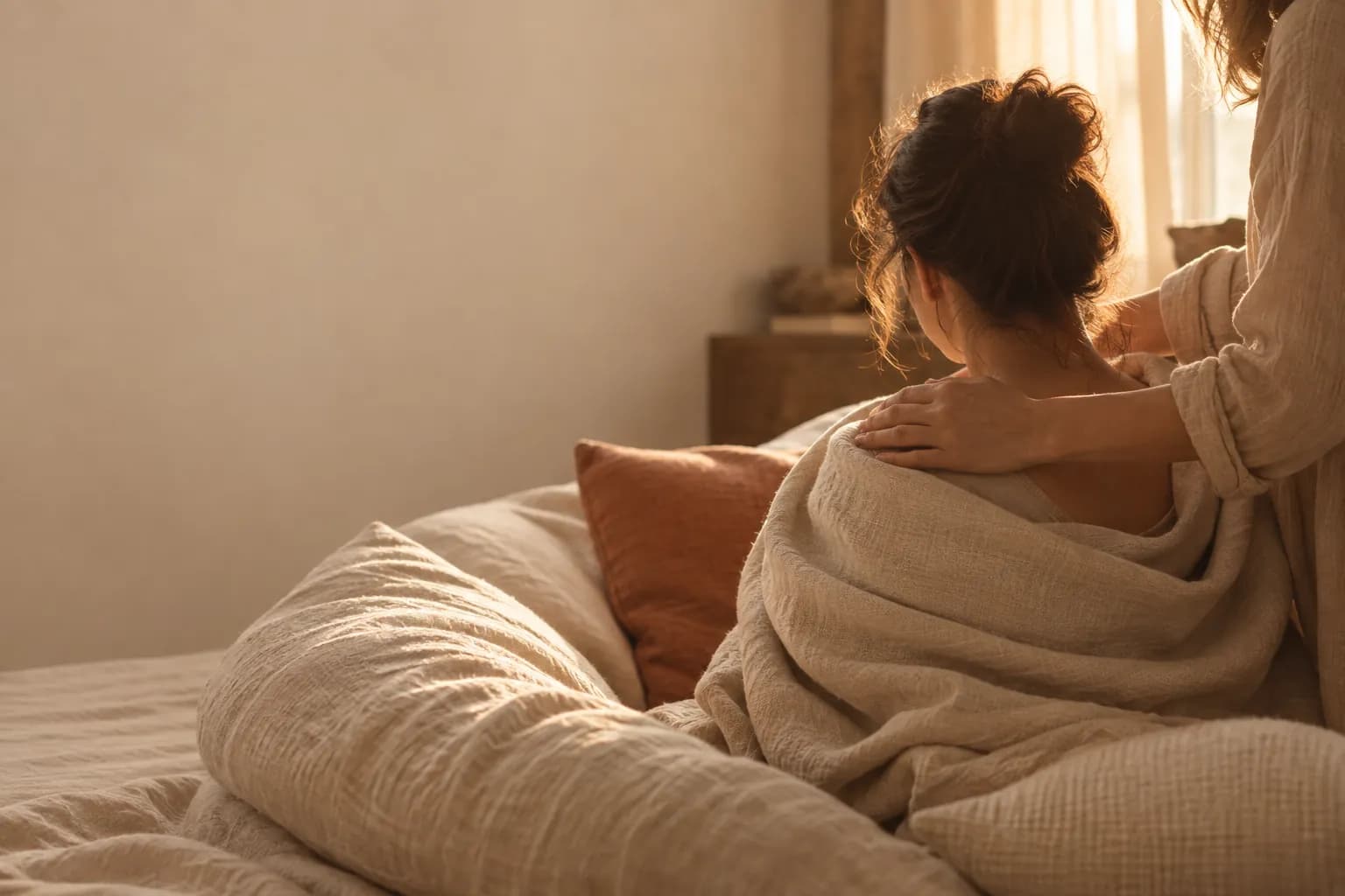 A mother resting with a supporting hand on her shoulder